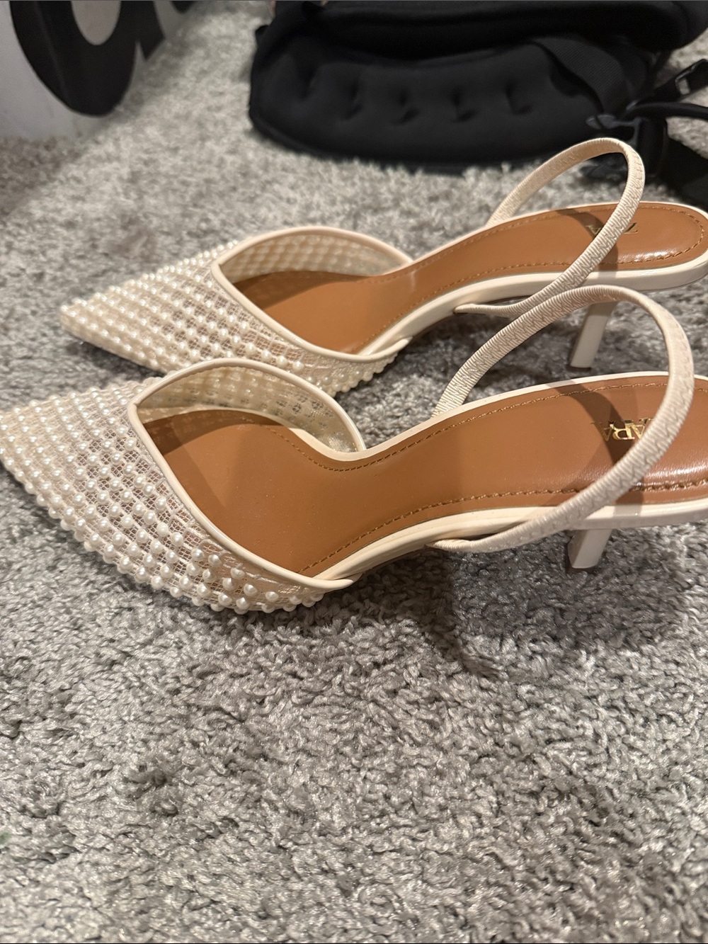 Zara Pearl-Embellished Cream Slingback Heels